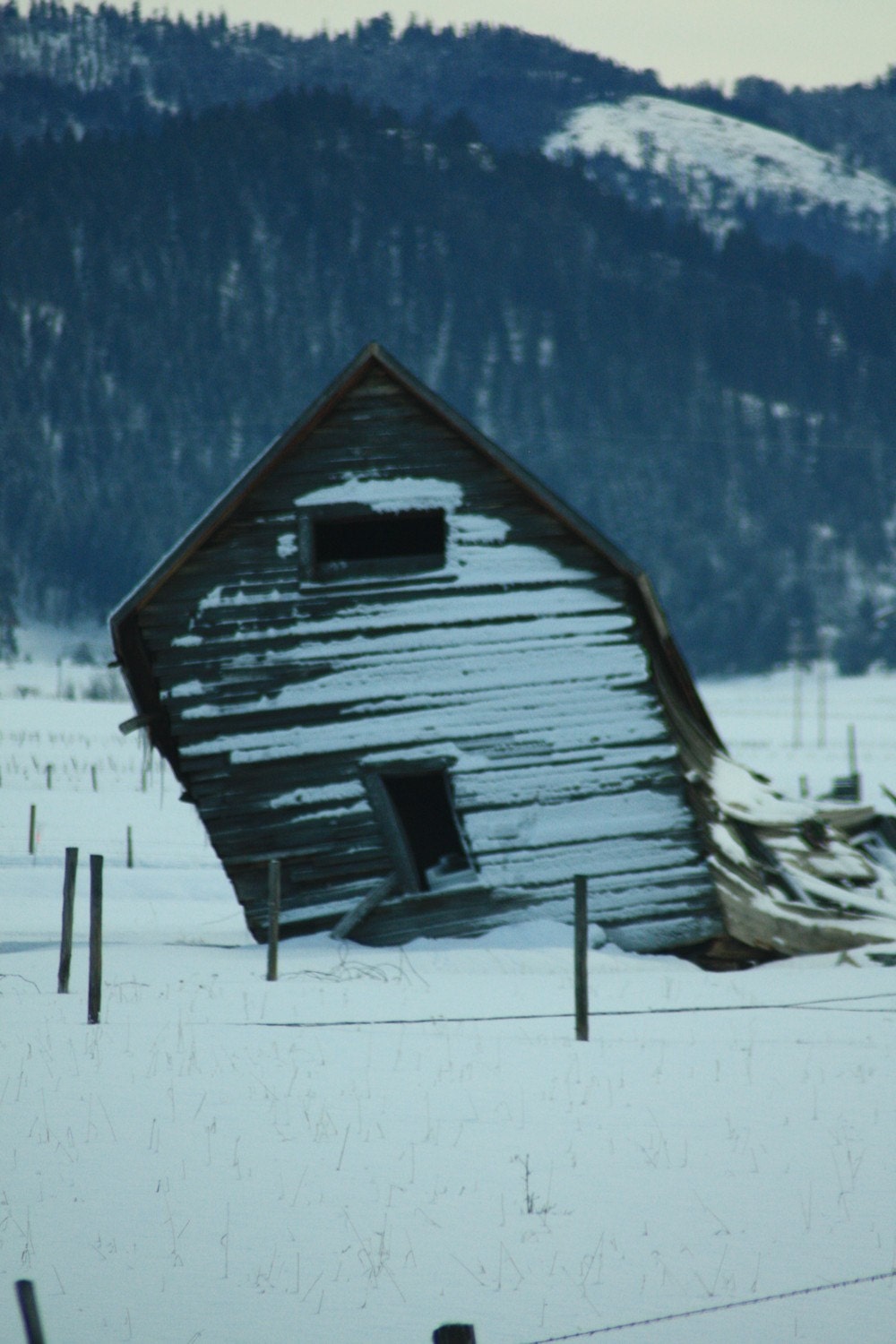Old Snow Covered Barn Collapsing in Cascade Idaho