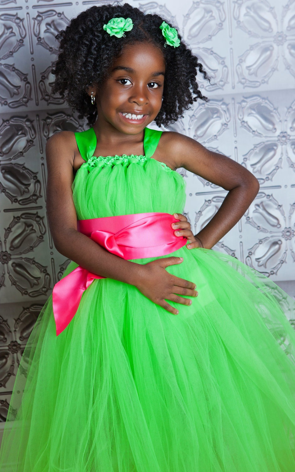 Lime Green Flower Girl Tutu Dress with Customizeable Sash