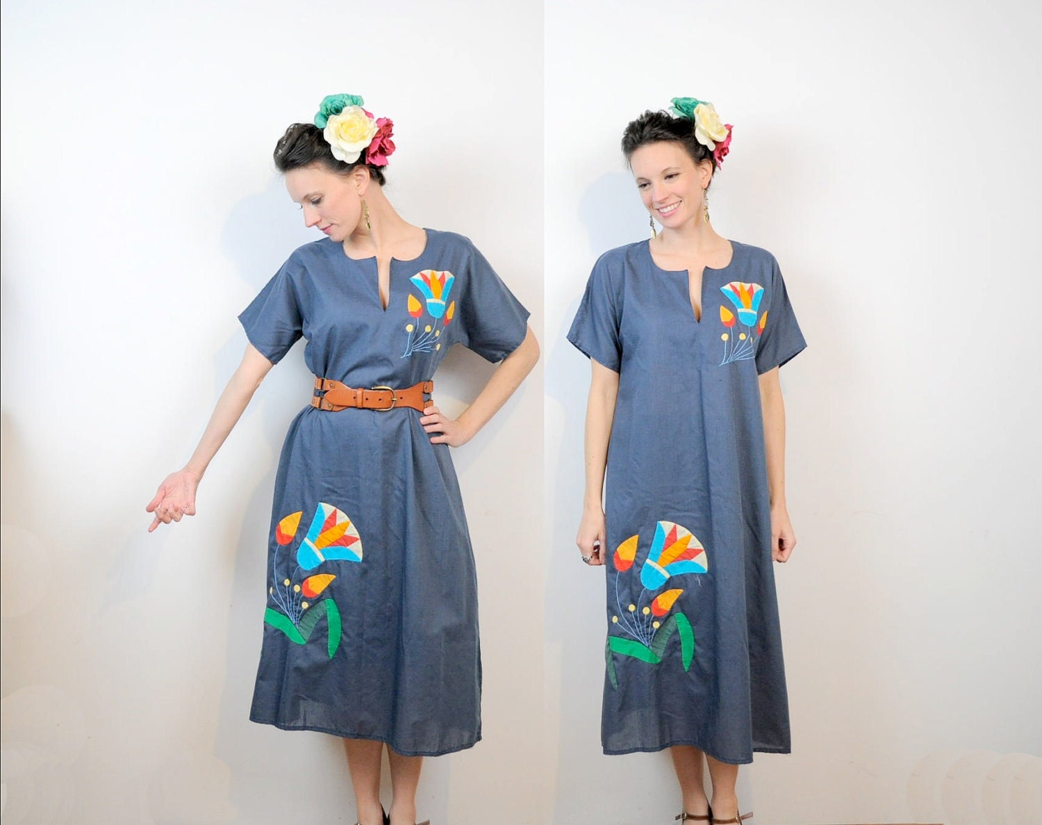 Patchwork Dress Mexican Inspired Kaftan Slate Blue Applique OSMF