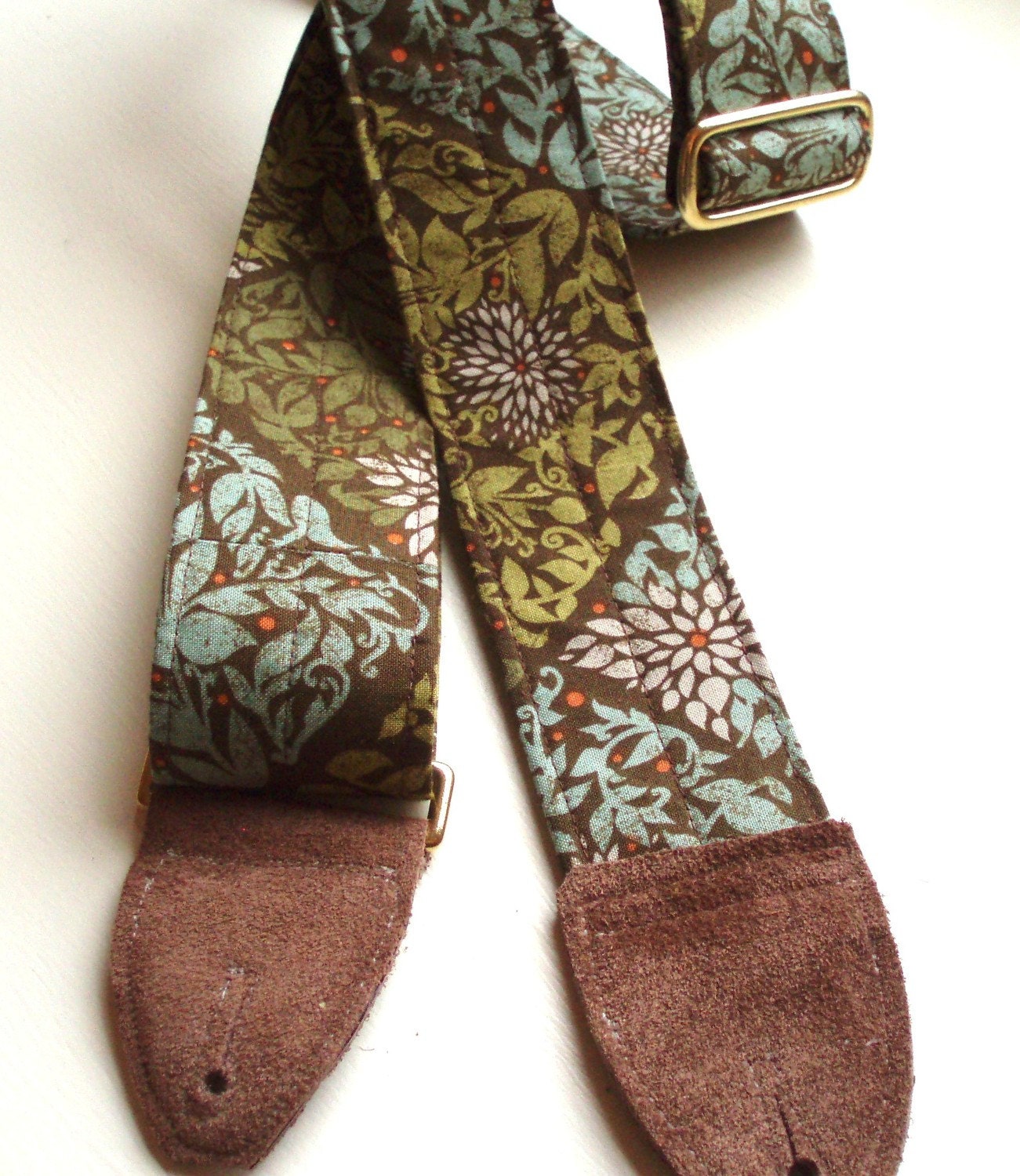 Guitar Strap in Hipster Mossy Green Leaves with Brass or Silver Hardware and suede Leather Ends