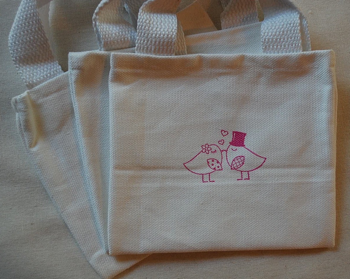 Pink Love Birds White Cotton Mini Canvas Bag Great for Bridesmaids, Weddings and Parties 5" x 6" Il_170x135