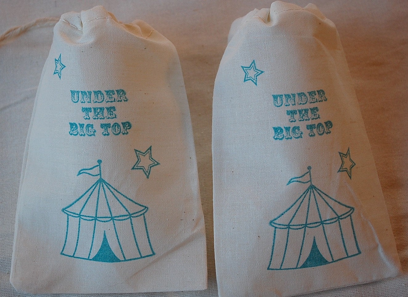 10 Teal Blue Big Top Circus Organic Muslin Cotton Favor Gift Bags 4x6