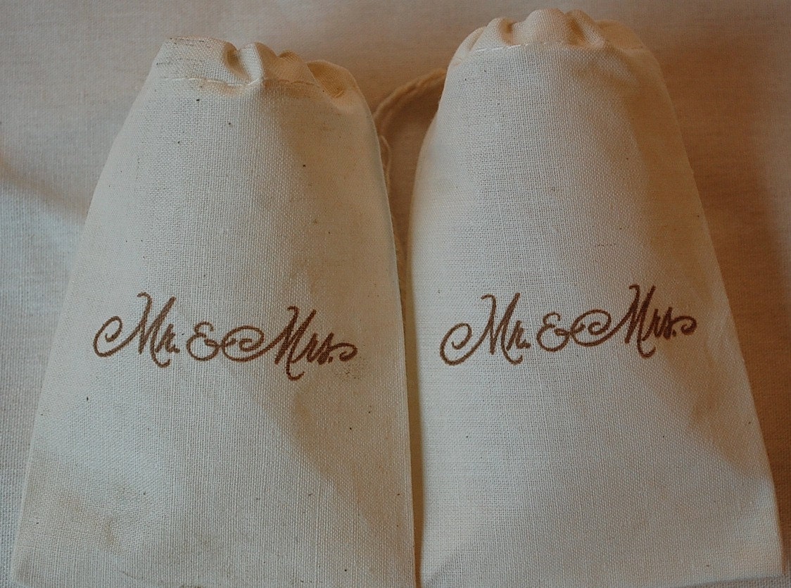 100 Brown Mr and Mrs Organic Muslin Cotton Favor Gift Bags - Great for Weddings, Parties, Jewelry and more 3x5