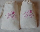 10 Muslin Favor Bags - Pink Lovebirds Drawstring Organic 3x5 gift bags Great for Weddings Il_170x135