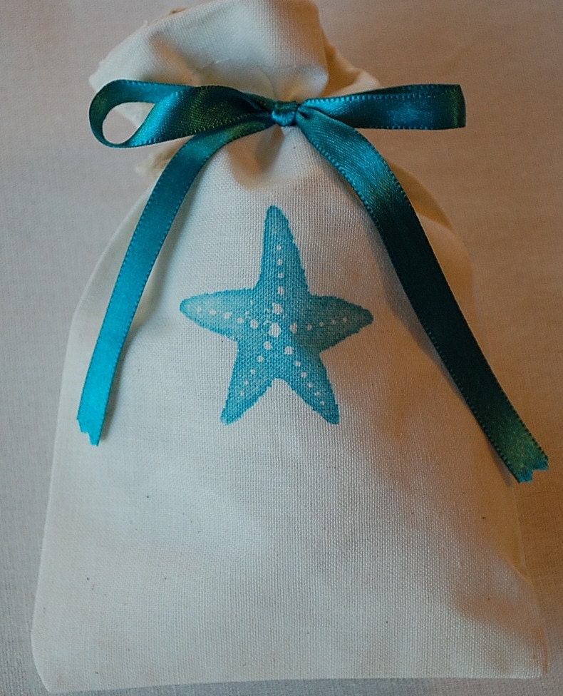 10 Teal Blue Starfish with Teal Satin ribbon - Organic Muslin Cotton Favor Gift Bags - Perfect for Beach Weddings 4x6 Il_170x135