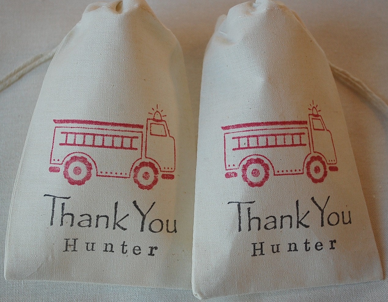 10 Personalized Red Fire Truck Thank You Muslin Favor Gift Bags with Drawstrings 4x6 Il_170x135