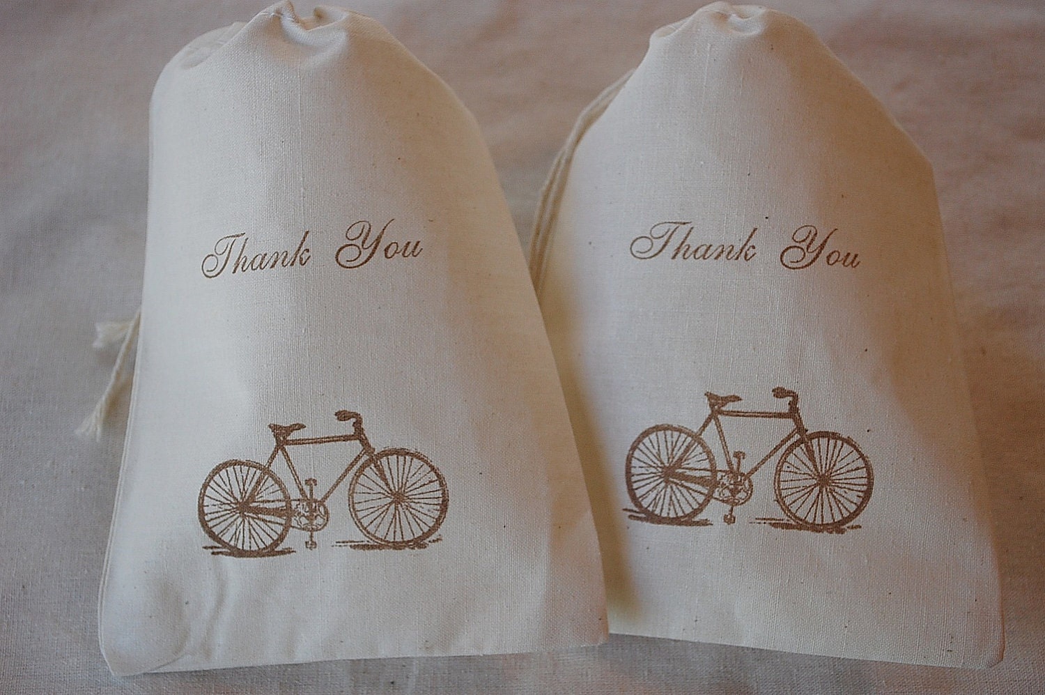10 Coffee Brown Thank You Organic Muslin Favor Gift Bags - Cute bicycle - 5x7 Great for Weddings and Parties