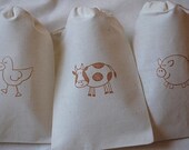 12 Farm Animal Favor Bags - Duck, Cow, Pig - Organic Muslin Cotton - 4x6 inch - You choose ink color Il_170x135