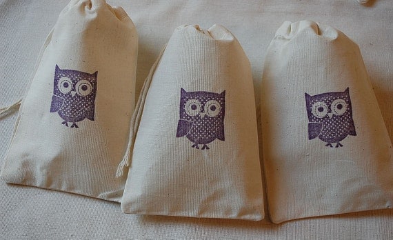 10 Dark Purple Owl Muslin Favor Gift Bags - Organic Cotton Drawstring Gift Bags 4x6 Il_570xn