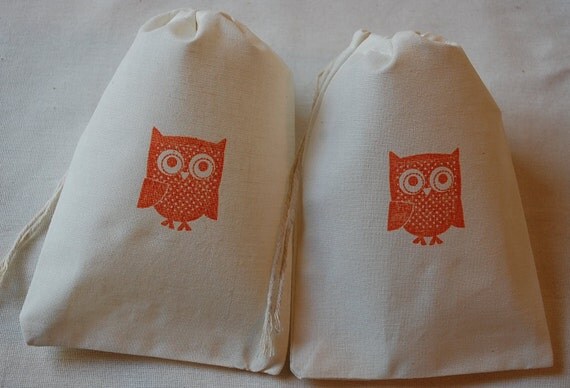 10 Orange Owl Muslin Favor Gift Bags - Organic Cotton Drawstring Gift Bags 5x7 Il_570xn