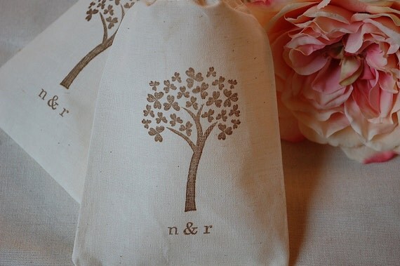 100 Personalized Organic Muslin Favor Gift Bags - Brown Clover Tree with Initials 4x6 Great for Weddings Il_570xn