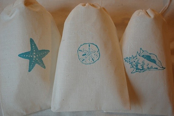 12 Teal Blue Starfish, Sand Dollar and Shell Organic Muslin Cotton Favor Gift Bags - Perfect for Beach Weddings 4x6 Il_570xn