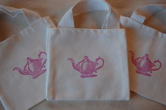 Pink Vintage Teapot White Cotton Mini Canvas Bags Great for Bridesmaids, Weddings and Tea Parties 5" x 6" Il_570xn