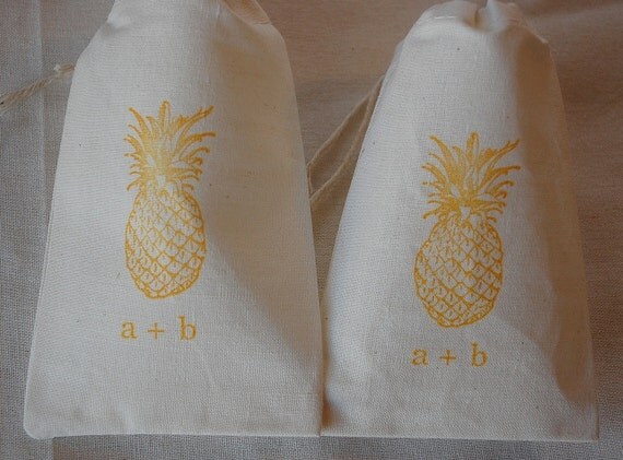 10 Personalized Wedding Favor Bags - Yellow Vintage Pineapple Cotton Gift Bags with Drawstrings 3x5 Il_570xn