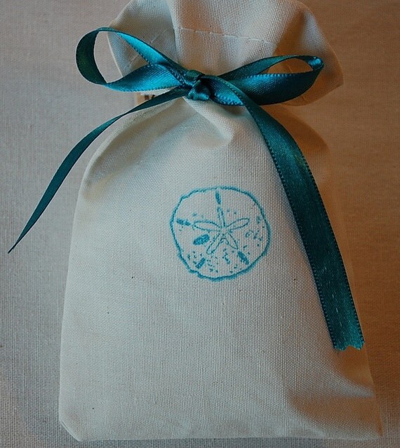 10 Teal Blue Sand dollar with Teal Satin ribbon - Organic Muslin Cotton Favor Gift Bags - Perfect for Beach Weddings 4x6 Il_570xn
