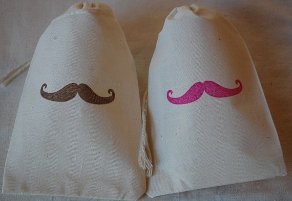100 Coffee Brown and Pink Mustache Organic Muslin Cotton Drawstring Favor Gift Bags 4X6 - You choose ink color Il_570xn