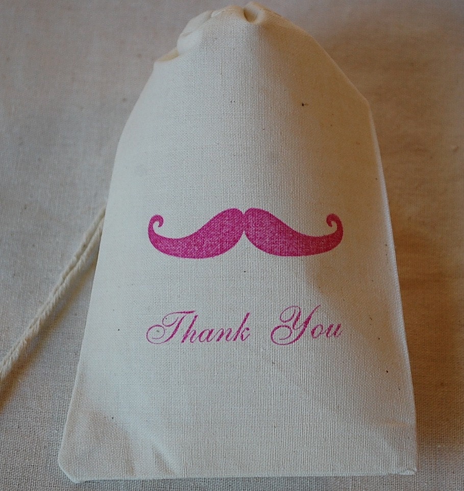 10 Pink Mustache Thank You Organic Muslin Cotton Drawstring Favor Gift Bags 4X6 - You choose ink color Il_570xn