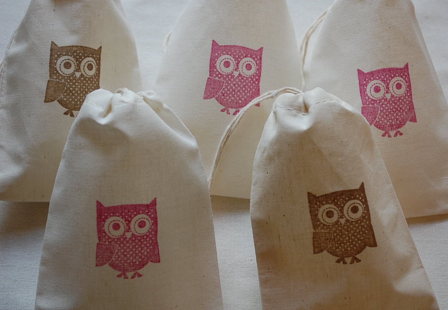 10 Pink and Brown Owl Muslin Favor Gift Bags - Organic Cotton Drawstring Gift Bags 4x6