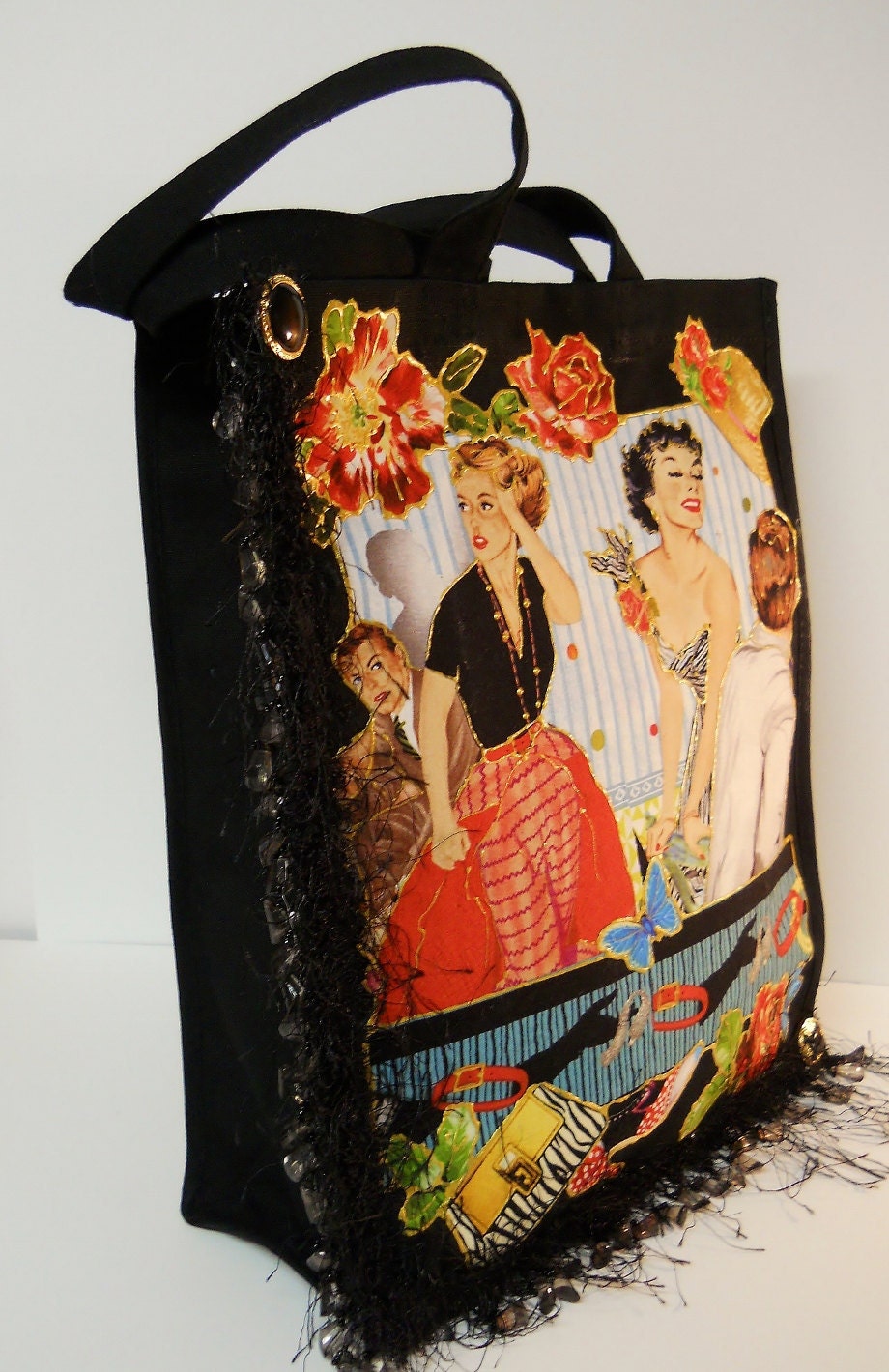 Black Canvas Tote With Custom Retro Fabric Applique Design and Black Fuzzy Beaded Fringe
