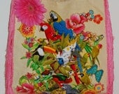 Canvas Spring Tote Bag  Custom Hand Painted Colorful Parrot Fabric Applique Design Pink Fringe and Flower Pin