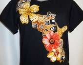 Custom Tee-Shirt Women's Black Heavy Weight Preshrunk Cotton Floral Hand Painted Fabric Applique Design