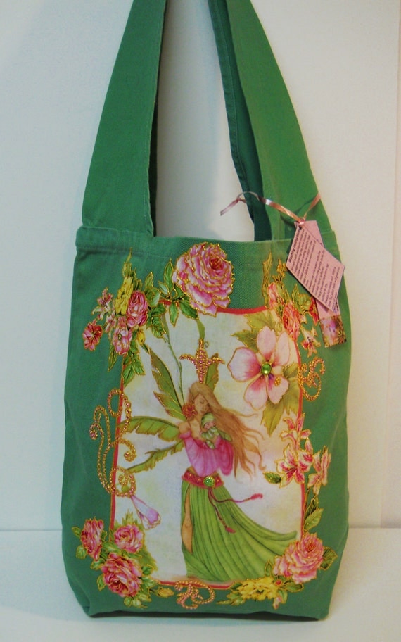 Designers Fantasy Edition Canvas Tote Bag Custom Hand Painted Floral Fabric Applique Design