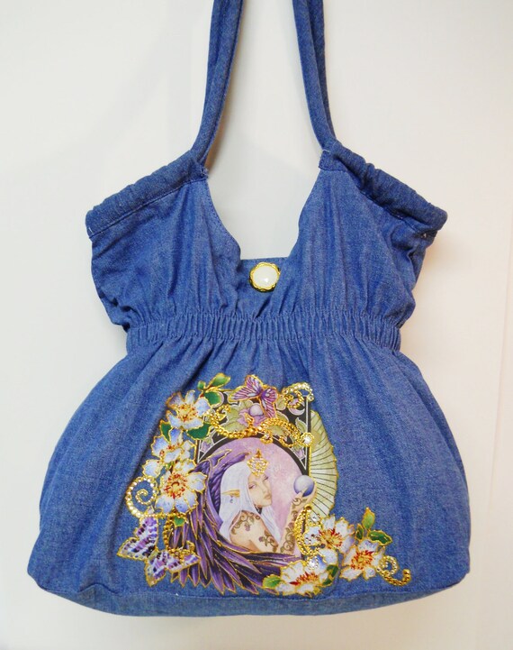 PRICE Plunge 75% Off Denim Handbag Fantasy Fabric Applique  CustomDesigns with Diamond Embellishments