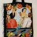 Black Canvas Tote With Custom Retro Fabric Applique Design and Black Fuzzy Beaded Fringe
