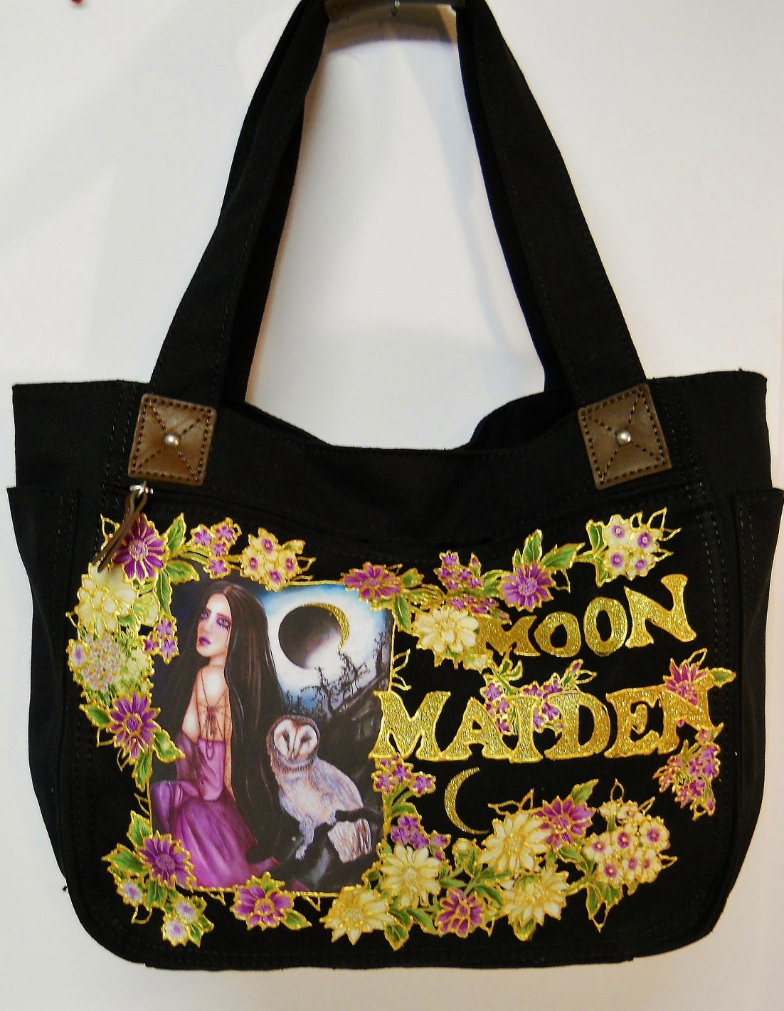 50% Sale Moon Maiden Goth Canvas Handbag Black Custom Hand Painted With Fabric Applique Designs