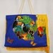 Exotic Bird Tote Canvas Royal Blue with Fabric Applique Design and Yellow Fringe