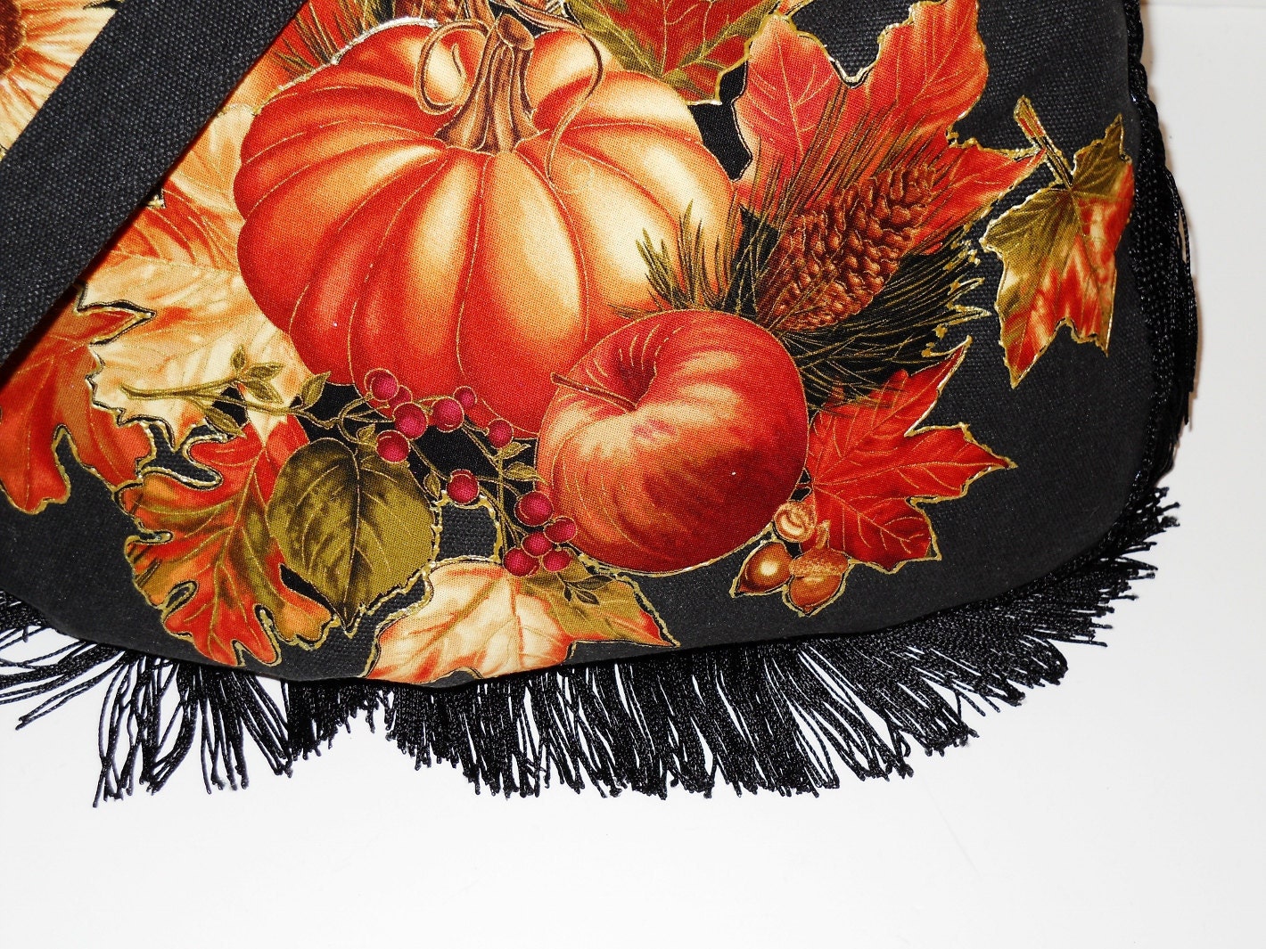 Canvas Black Handbag with Custom Fabric Applique Autumn Floral Fruit Design with Black Fringe