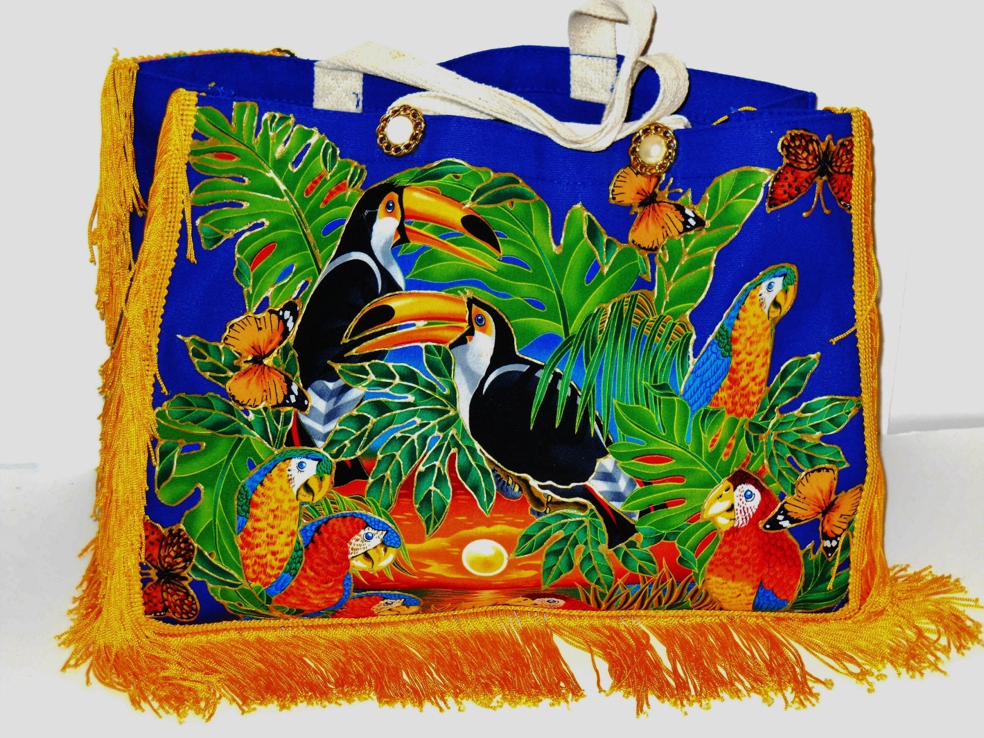 Exotic Bird Tote Canvas Royal Blue with Fabric Applique Design and Yellow Fringe