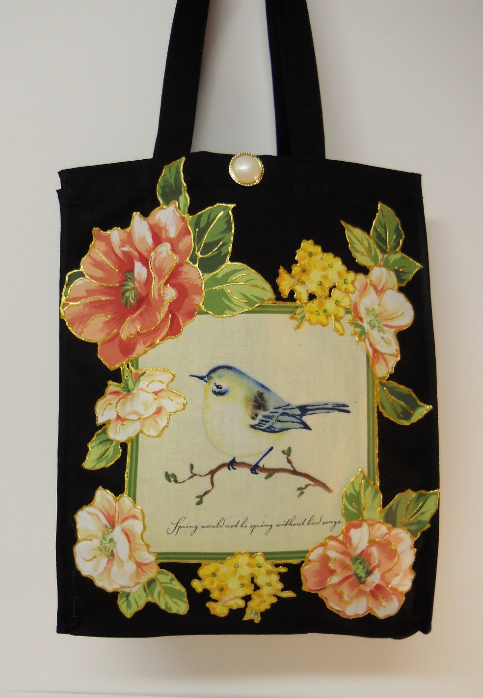 Black Canvas Tote Bag Custom Designed with Floral Blue Bird Fabric Applique Designs