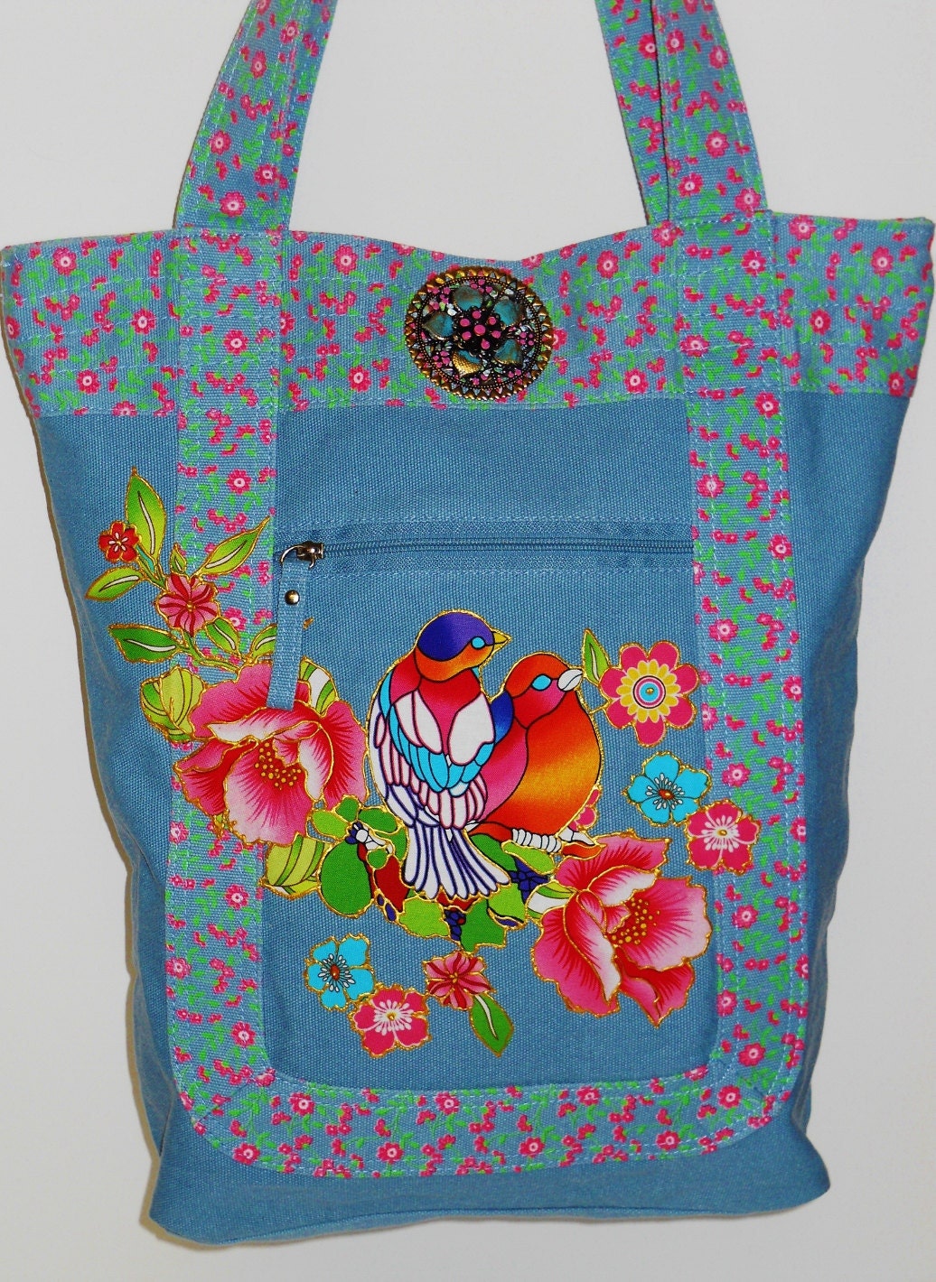 Sale 60% Off Blue Canvas Tote With Colorful Lovebirds Fabric Applique Design and Pendant Embellishment