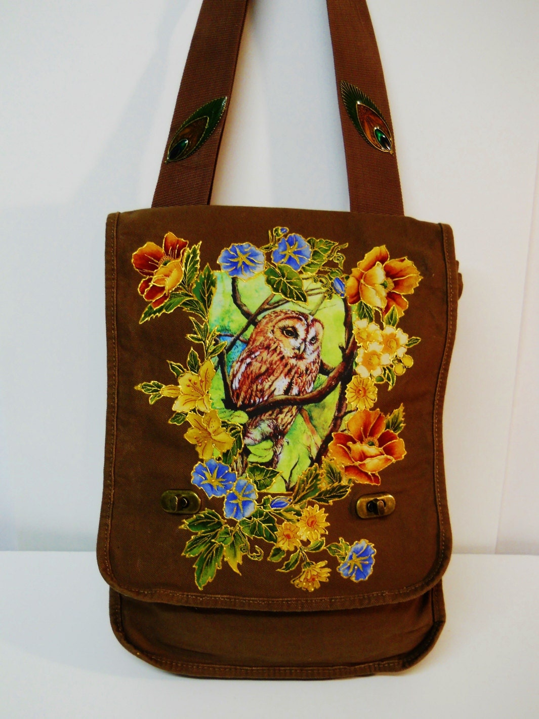 Holiday Sale75% Off Hooting Tooting Brown Canvas Handbag Hand Painted with Floral Fabric Applique Design