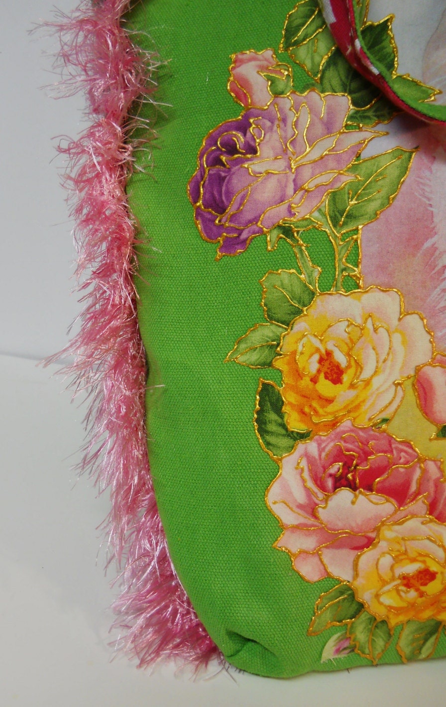 Canvas Spring Custom Tote Bag Floral Cat Hand Painted Fabric Applique Design