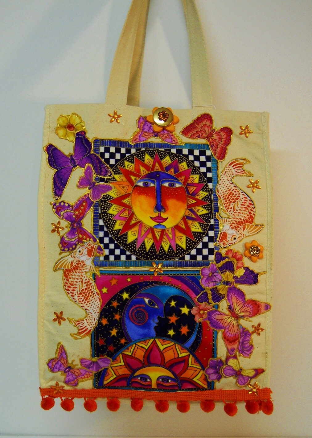 Sale 75% Off Natural Canvas Tote Bag Hand Painted Fabric Applique Designs