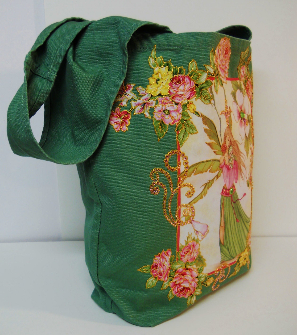 Designers Fantasy Edition Canvas Tote Bag Custom Hand Painted Floral Fabric Applique Design