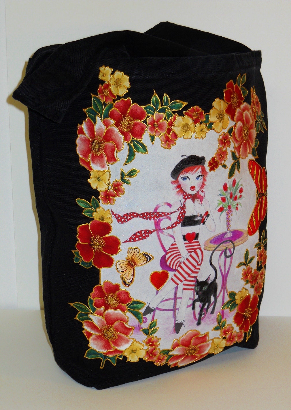 Paris Lovers Custom Canvas Tote Fantasy Hand Painted Fabric Applique Design