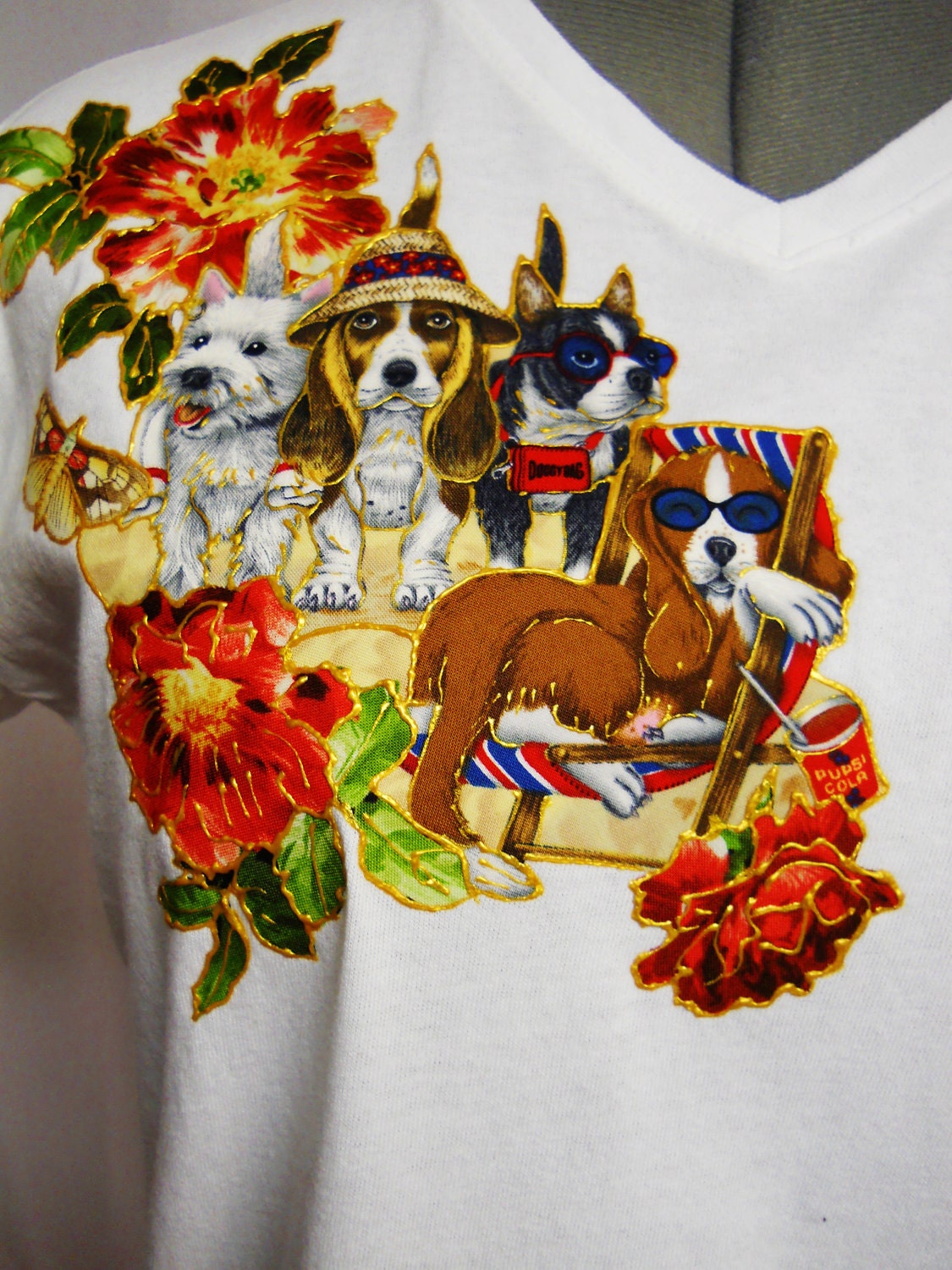 Dog Lovers White Custom Tee Shirt Hand Painted Fabric Applique Design