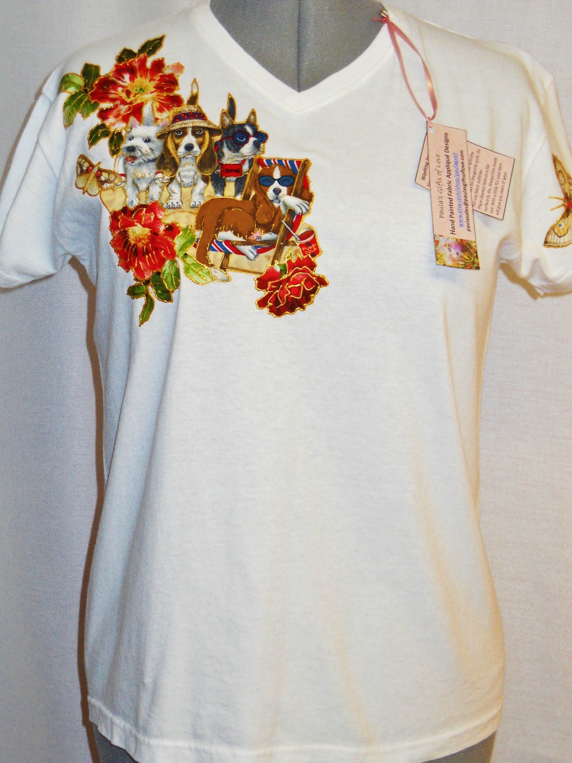 Dog Lovers White Custom Tee Shirt Hand Painted Fabric Applique Design