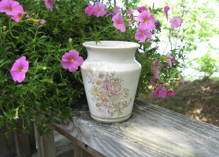 Vintage Transferware Toothbrush Holder Vase Flowers Ribbons Country Cottage Collectible Home Decor