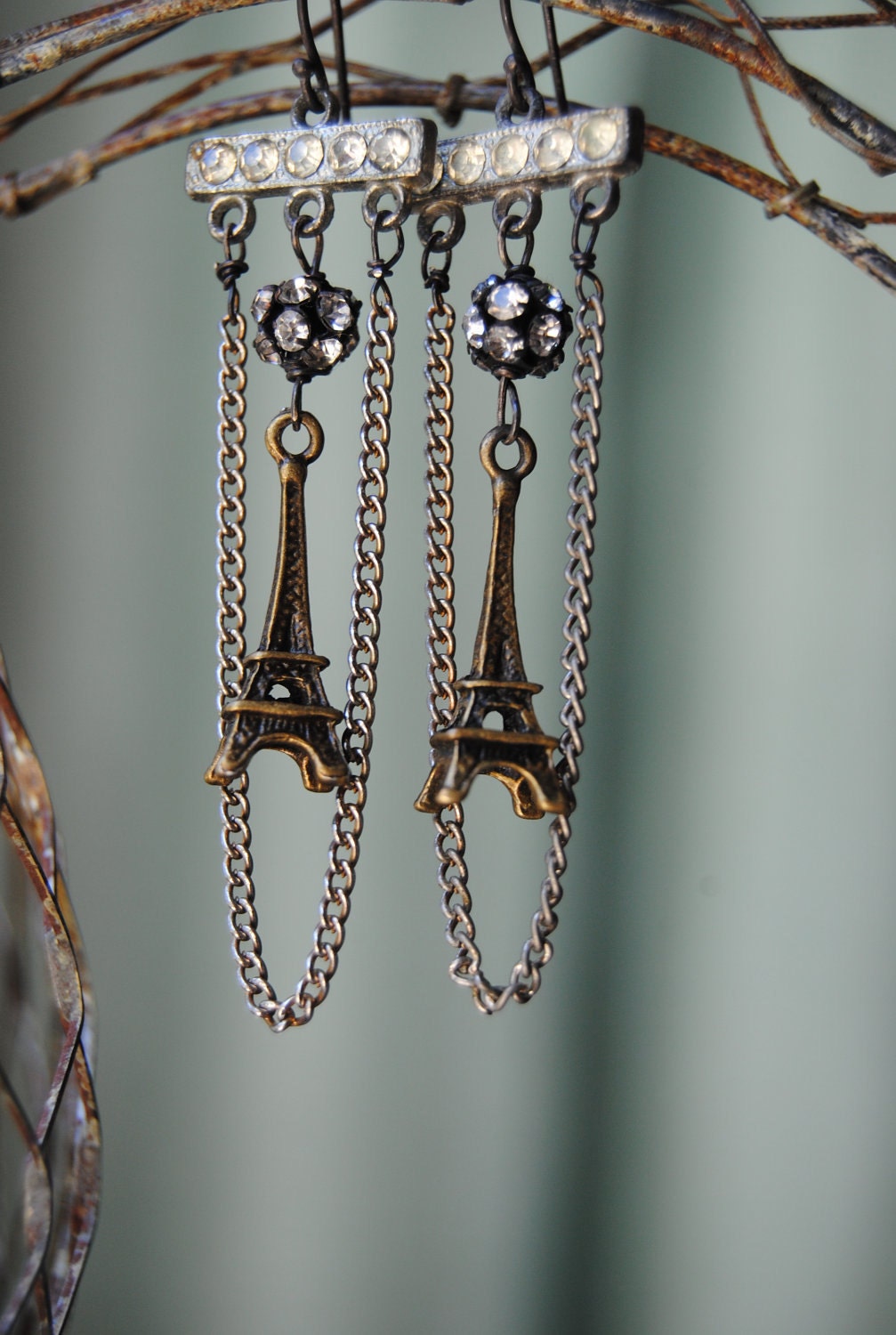 La Tour Eiffel--Vintage Assemblage Chain Rhinestone French Eiffel Tower EARRINGS
