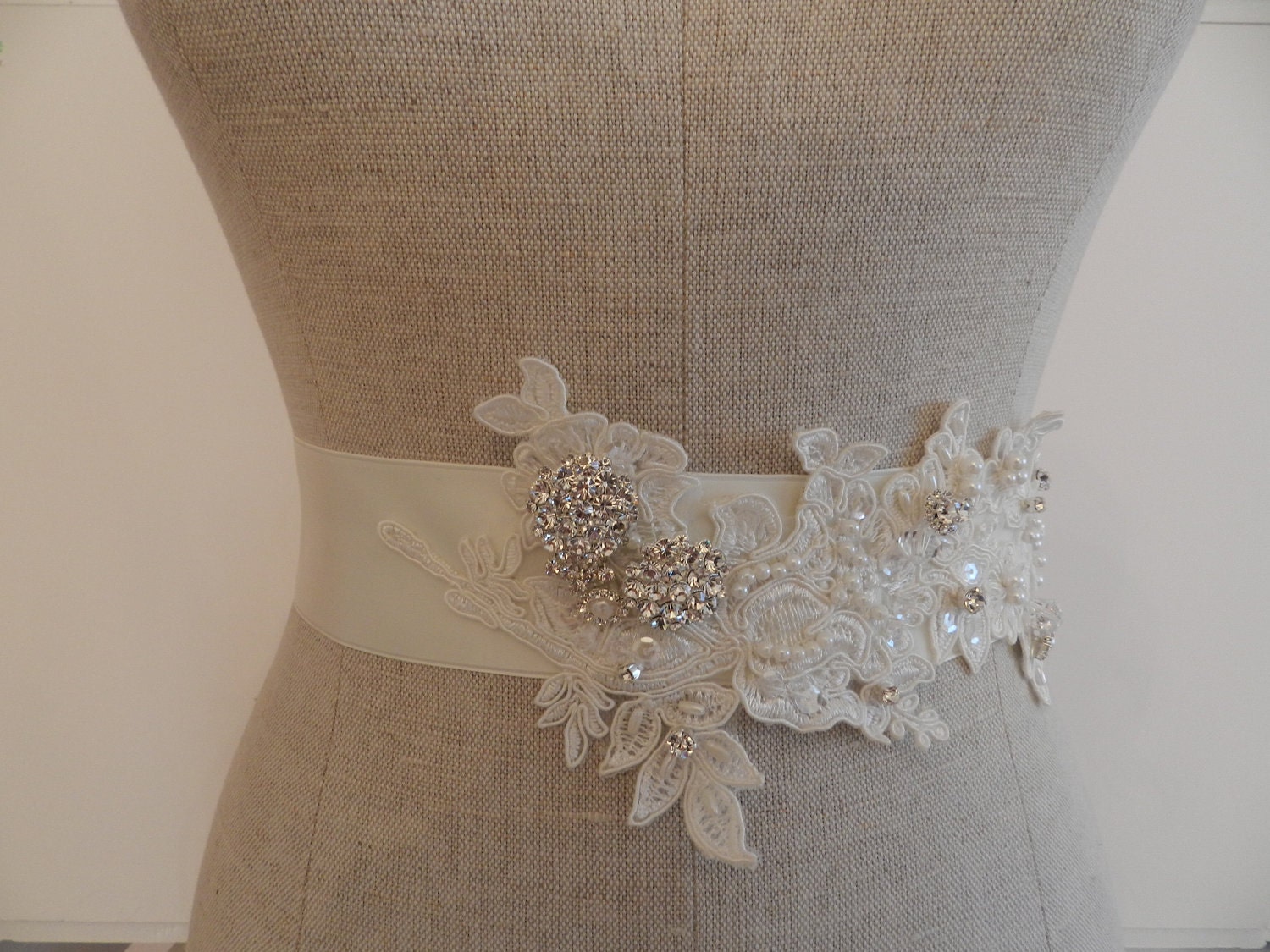 Alencon Lace Rhinestone and Pearl Appliqued Bridal Sash "The Jodie"