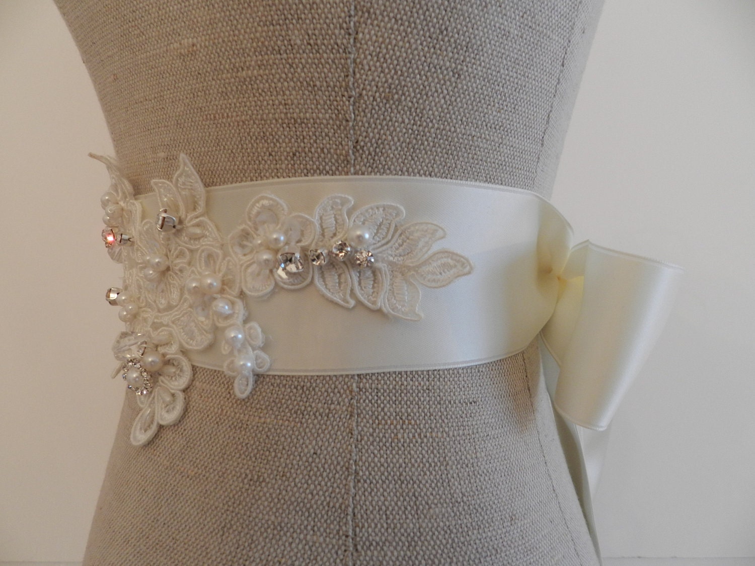Alencon Lace Rhinestone and Pearl Appliqued Bridal Sash "The Jodie"