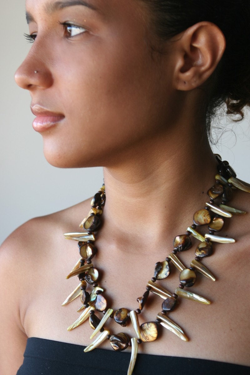 Honey and Chocolate Tribal Chic Mother of Pearl Necklace