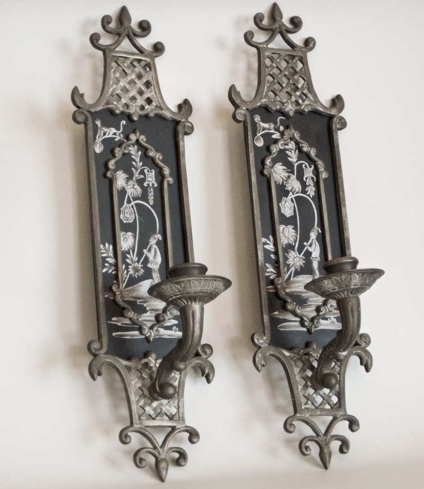 Pair of Asian Pewter Candle Sconces Candholders Wall Hanging