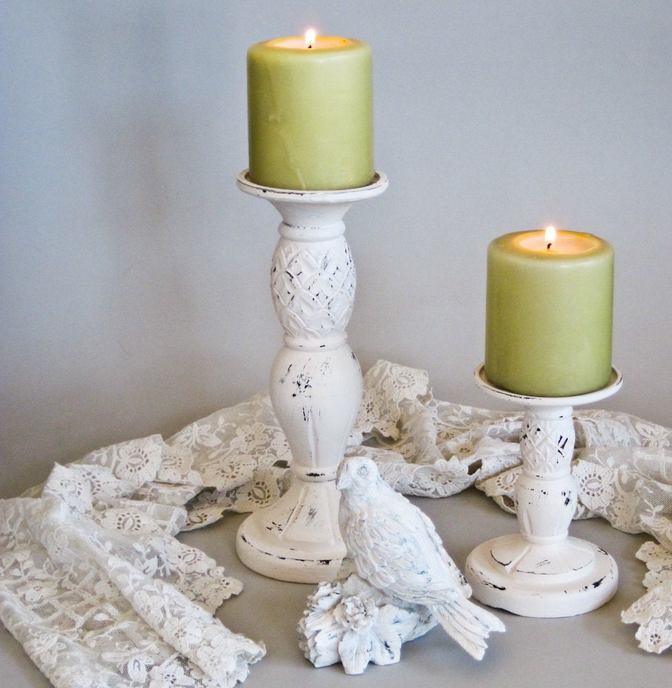 Shabbied Candlesticks Candleholders and Bird Arrangement