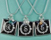 Bridesmaids Necklace Personalized Initial Pendant Soldered Glass Charm with Ivy Wreath