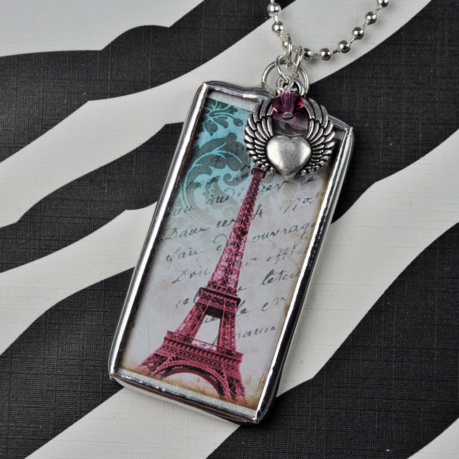 Vintage Style Eiffel Tower Necklace Soldered Glass Pendant
